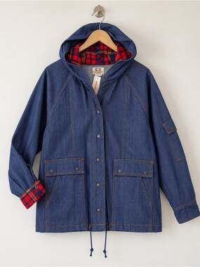 Vintage Ambassador Hooded Denim Jacket Large Fits Medium Plaid Trim NOS